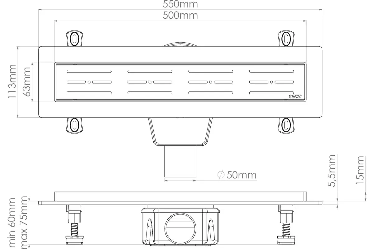 Душевой трап горизонт. 500х63 мм.360⁰, выход d50 мм.с комб.затвор. реш. из нерж. стали,Nova 5650.001