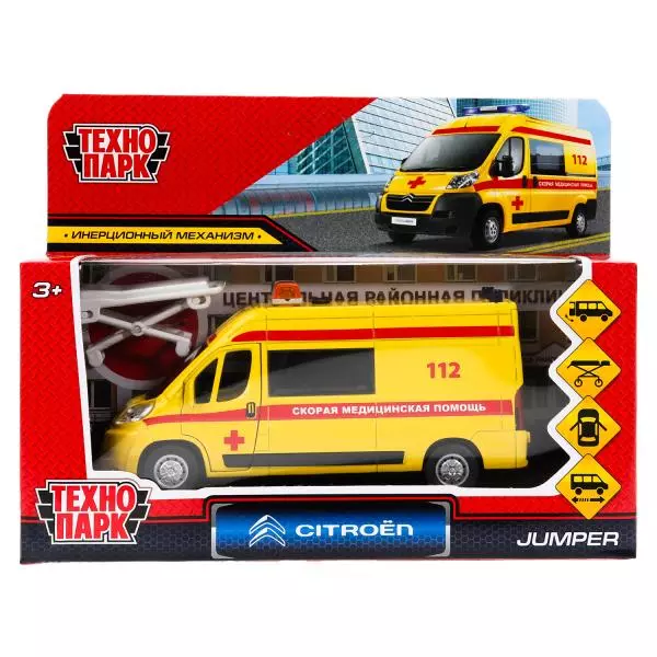 Моделька CITROEN РЕАНИМАЦИЯ металл, 14 см, двер, баг, инер, желтая, Технопарк JUMPER-14AMB-STRYE