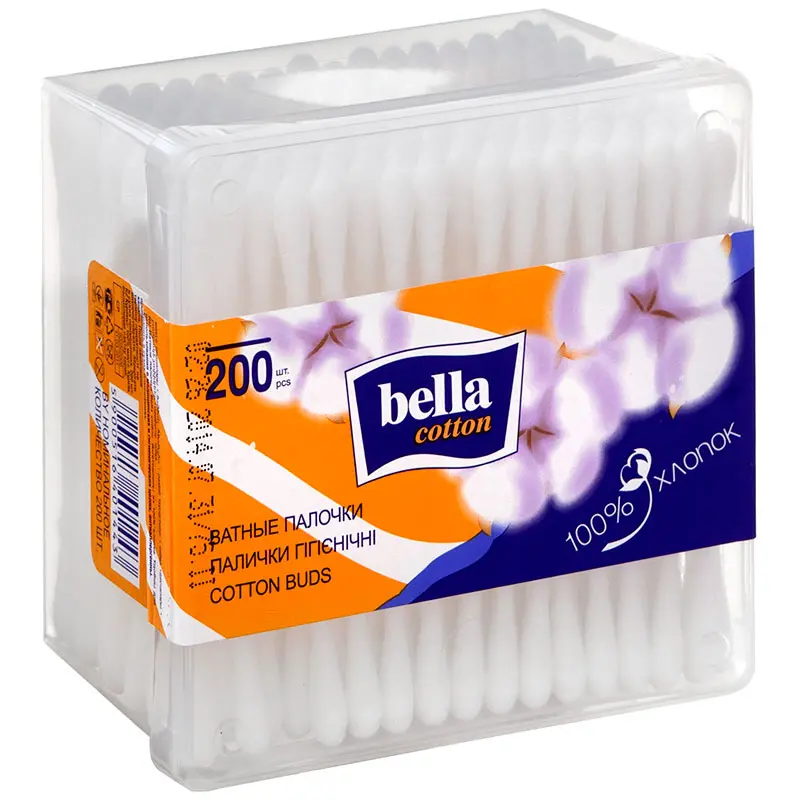 Ватные палочки bella cotton 200 шт (коробка квадрат)