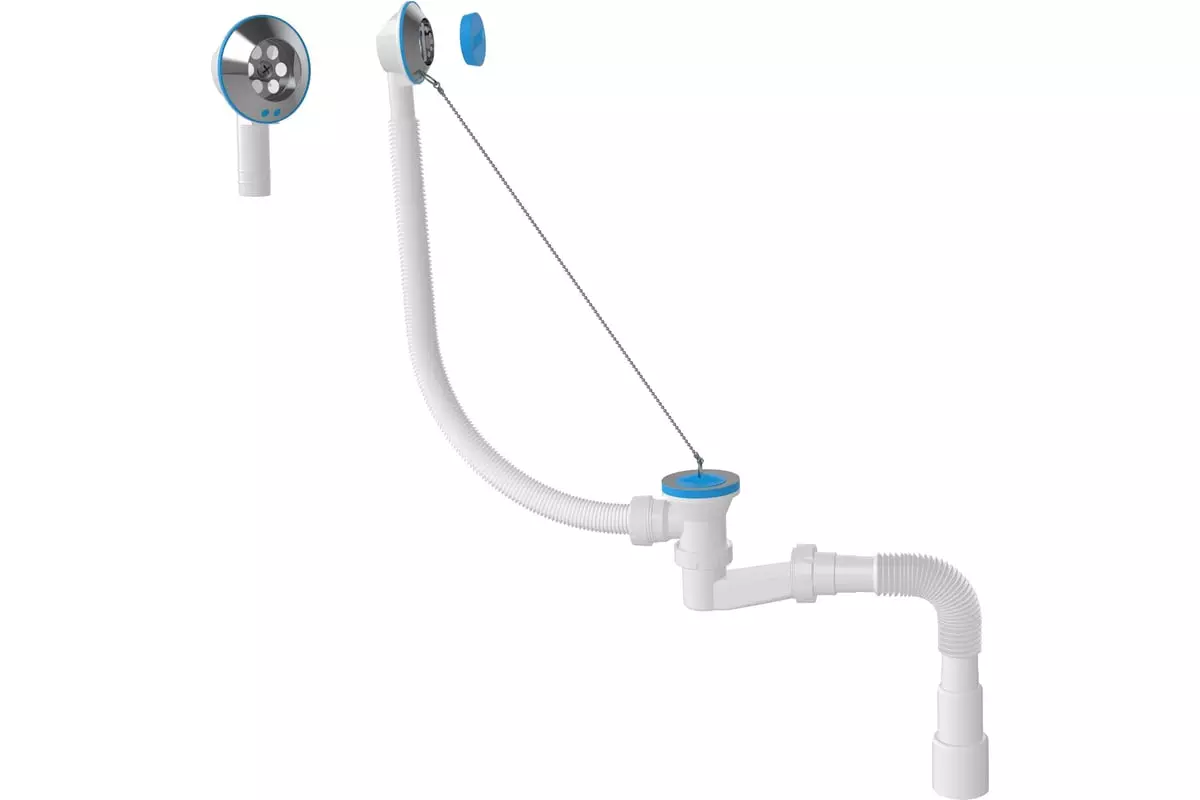 Сифон для ванны 1 1/2"х40, низкий,h=120мм,,выпуск 70 мм, мет.цепочка, гибкая труба 40/50 Nova 1524