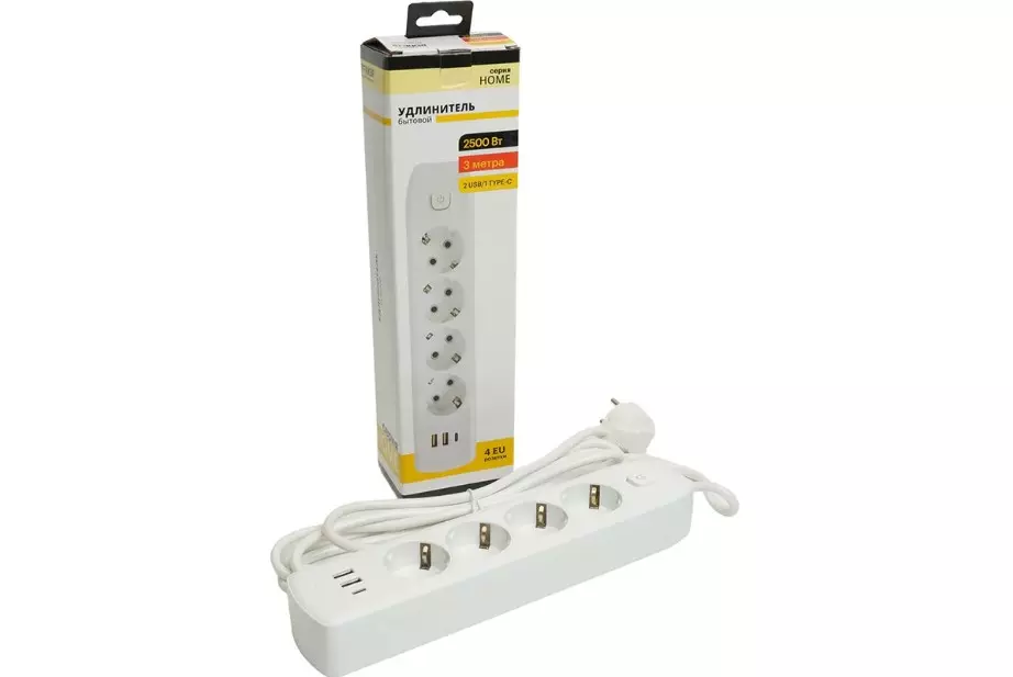 Удлинитель бытовой STEKKER 4 розетки с заземлением +2 USB +Type-C ПВС 3x1мм 3м 2500Вт с выключателем