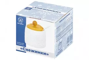Банка для хранения продуктов 250 мл, 8,5х8,5х9 см Снежинки + ложка + деревянная крышка, 540538