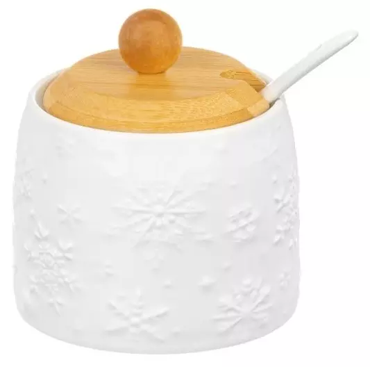Банка для хранения продуктов 250 мл, 8,5х8,5х9 см Снежинки + ложка + деревянная крышка, 540538