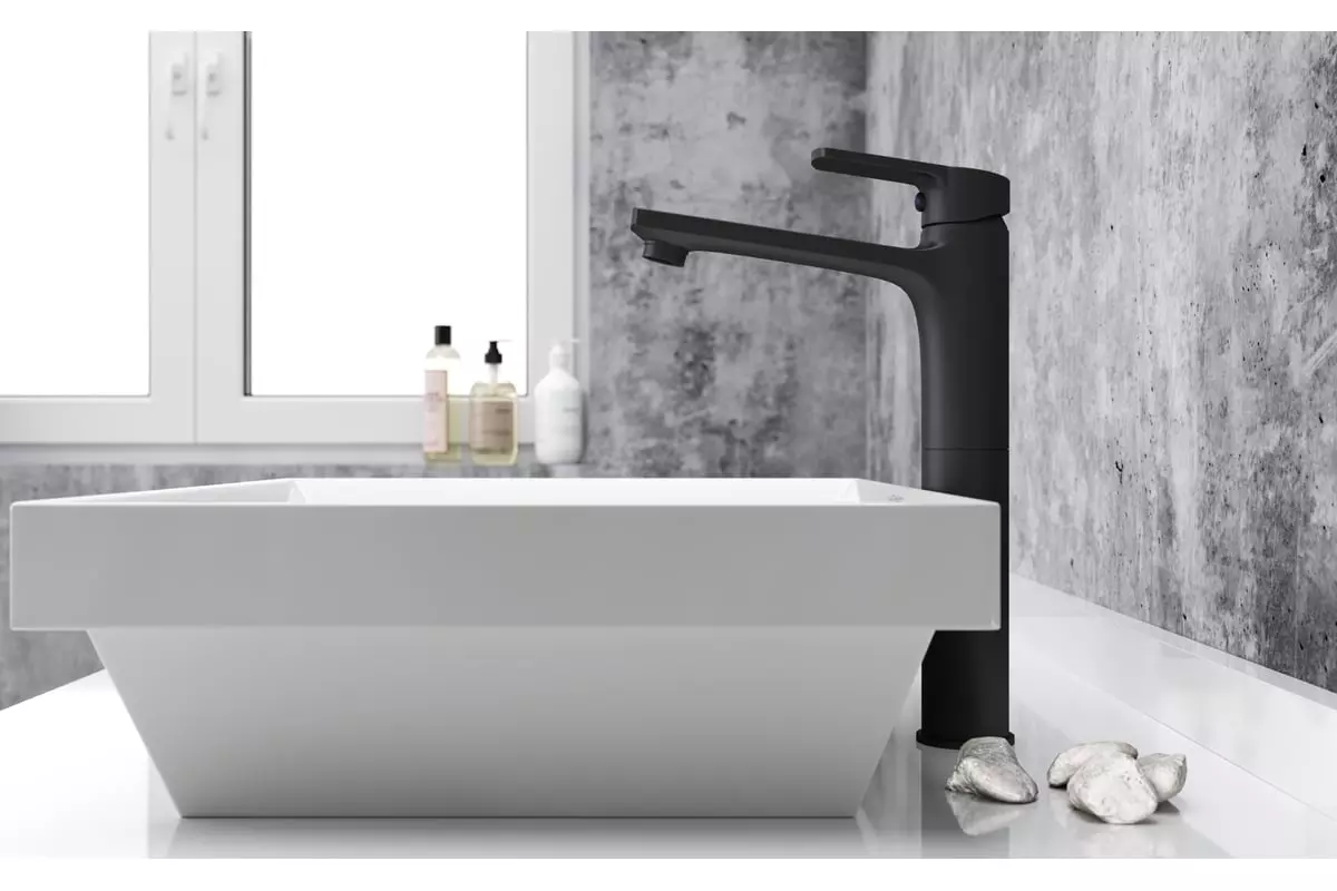 Смеситель для раковины, высокий монолитный излив, черный, Esko Singapore black SB 25, латунь