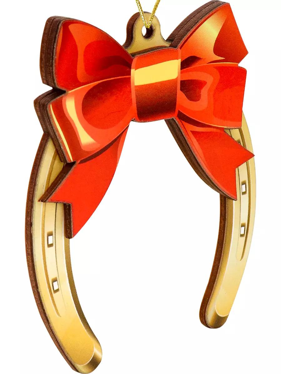 Елочное украшение из дерева Подкова с бантиком 9 см НУ-2798