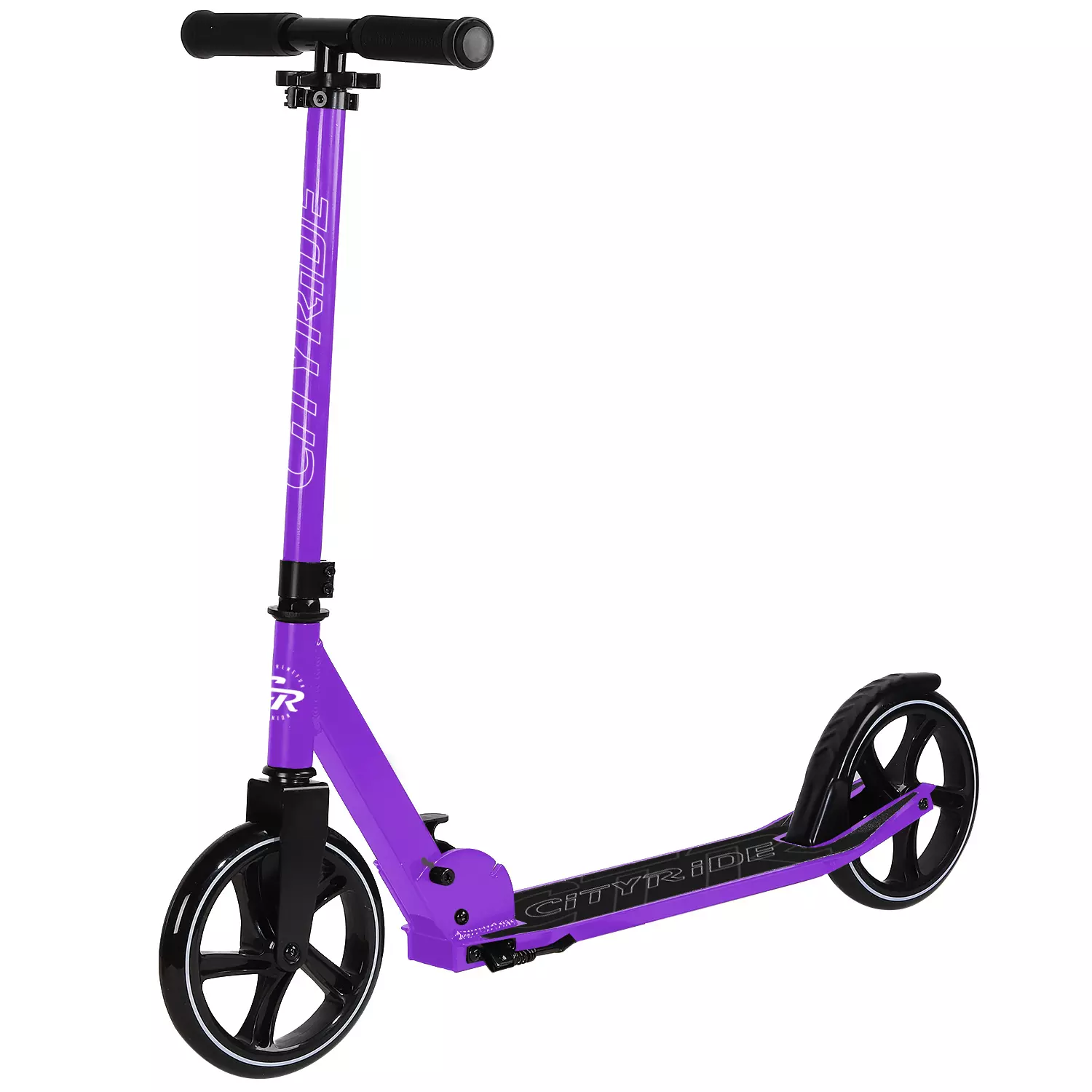 Двухколесный самокат CITYRIDE 200MM PU; алюминий/сталь порошковое покрытие. Дека 53*11СМ, руль  82-92СМ. Складной, подножка.  Без амортизатора. Подшипники Abec-9, Грипсы резина 120мм. Фиолетовый		