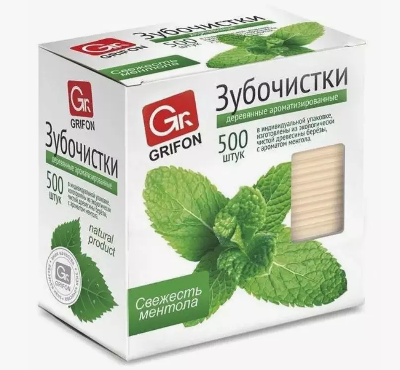 Зубочистки из дерева с ментолом Grifon в индивидуальной упаковке, 500 шт., 400-513