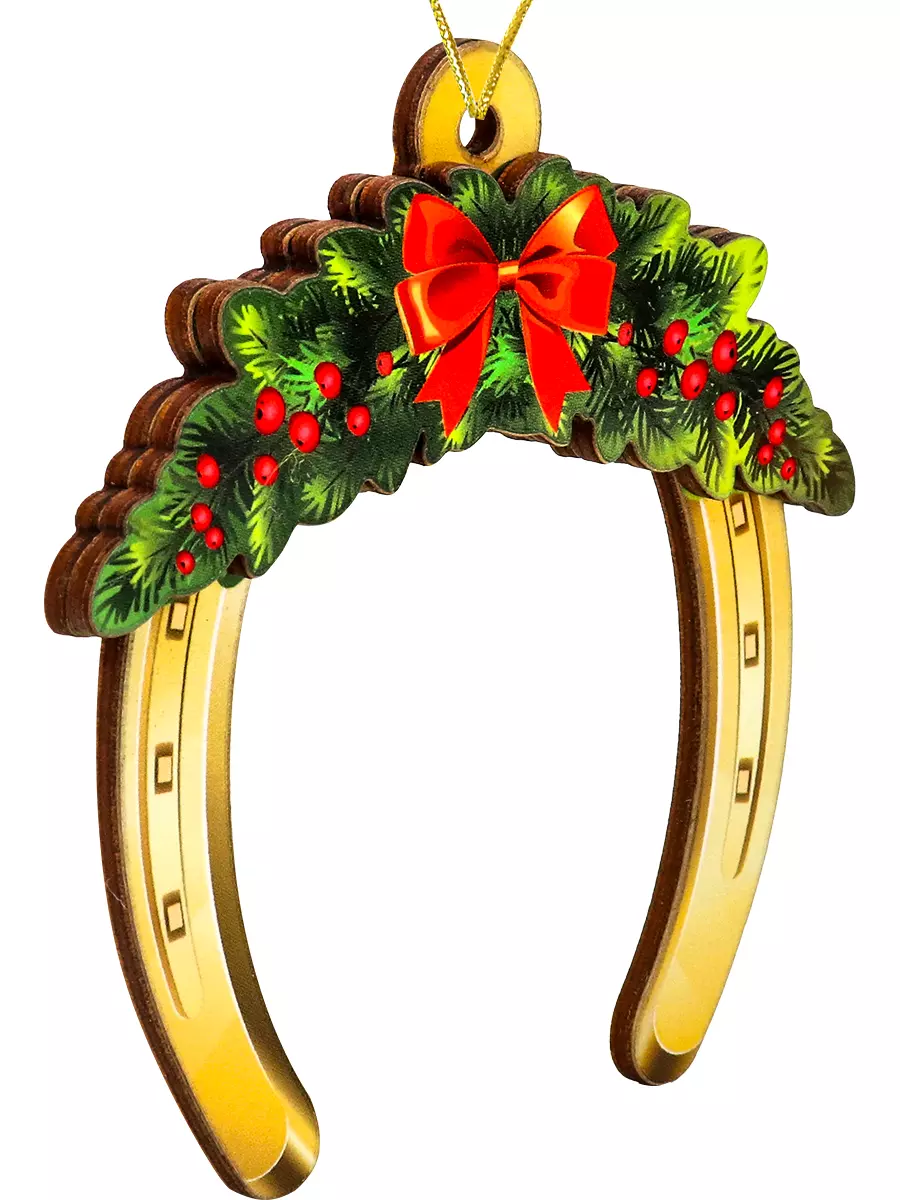 Елочное украшение из дерева Подкова с веточкой 9 см НУ-2800