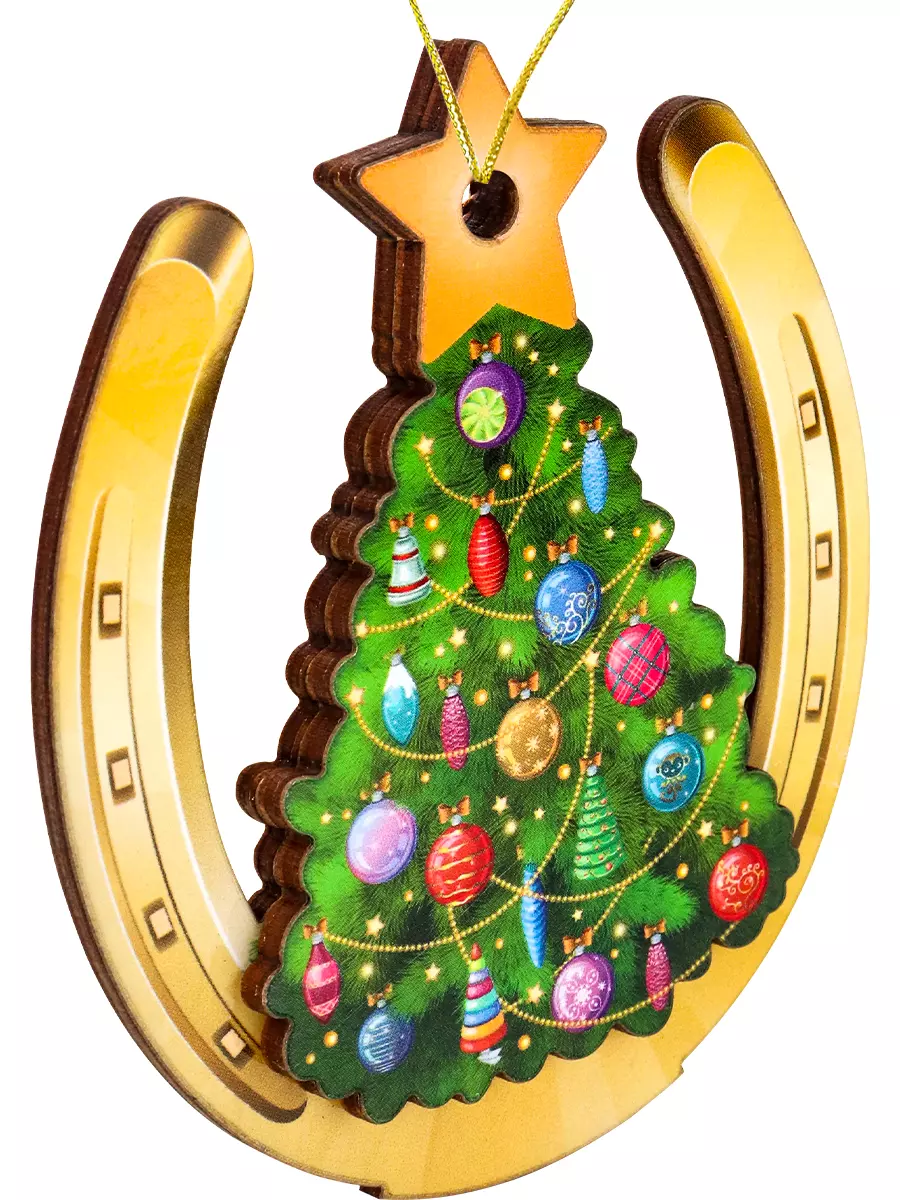 Елочное украшение из дерева Подкова с ёлочкой 9 см НУ-2801