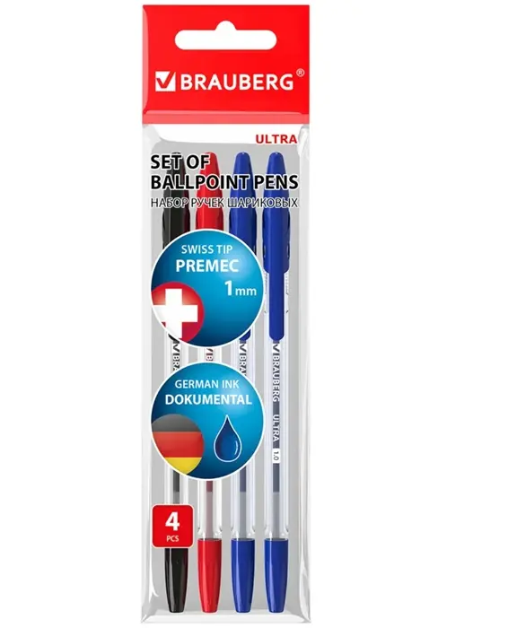 Шариковые ручки 4 шт., BRAUBERG ULTRA, (2 синих, 1 черная, 1 красная)