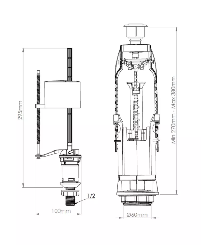 Арматура для унитаза сливная/наливная NOVA 4123 1/2 нижний подвод, кнопка хром 1 режим