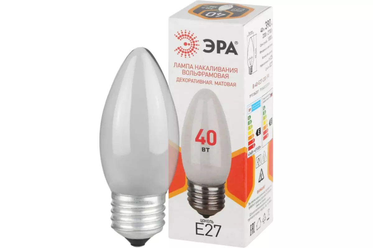 Лампа накаливания Е27 220В 40Вт свеча матовая ЭРА Б0066400