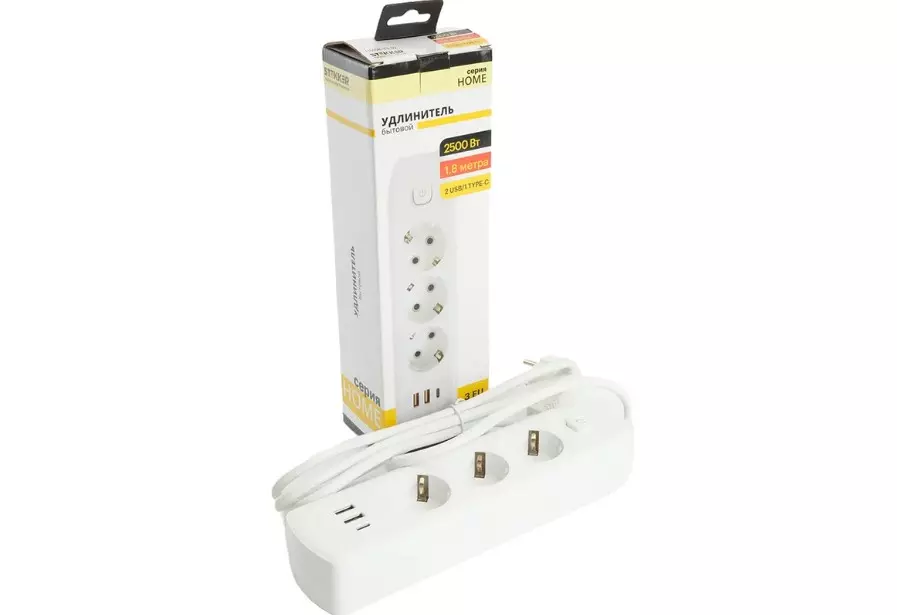 Удлинитель бытовой STEKKER 3 розетки с заземлением +2 USB +Type-C ПВС 3x1мм 1.8м 2500Вт с выключателем