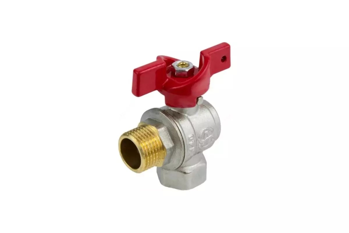 Кран шаровой угловой полнопроходной 1/2&quot; ВР/НР, никель, бабочка красная, Aquasfera 1009-01