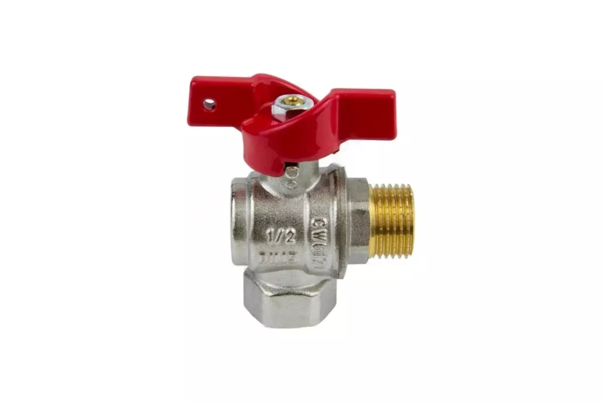 Кран шаровой угловой полнопроходной 1/2&quot; ВР/НР, никель, бабочка красная, Aquasfera 1009-01
