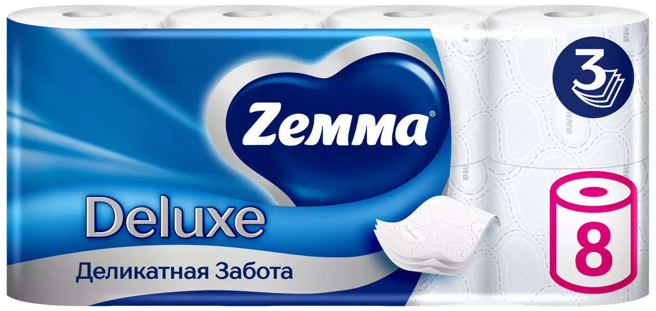 Туалетная бумага Zemma Deluxe Белая 3 слоя 8 рулонов