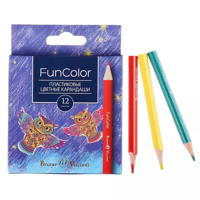 Цветные карандаши 12 цветов укороченные, BrunoVisconti FunColor пластиковый корпус