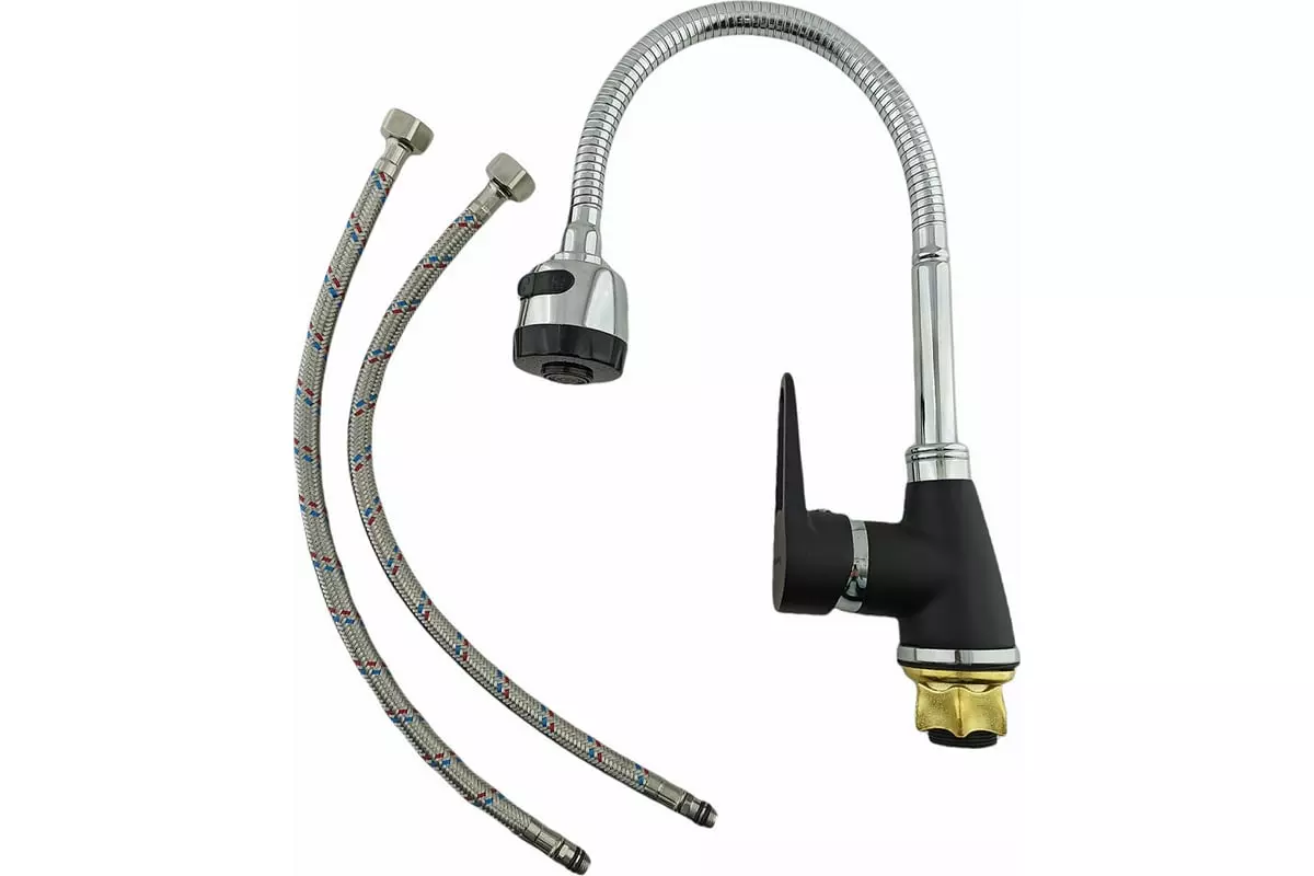 Смеситель для кухни, гибкий излив, черный/хром, Rainsberg R0613HF-8, силумин