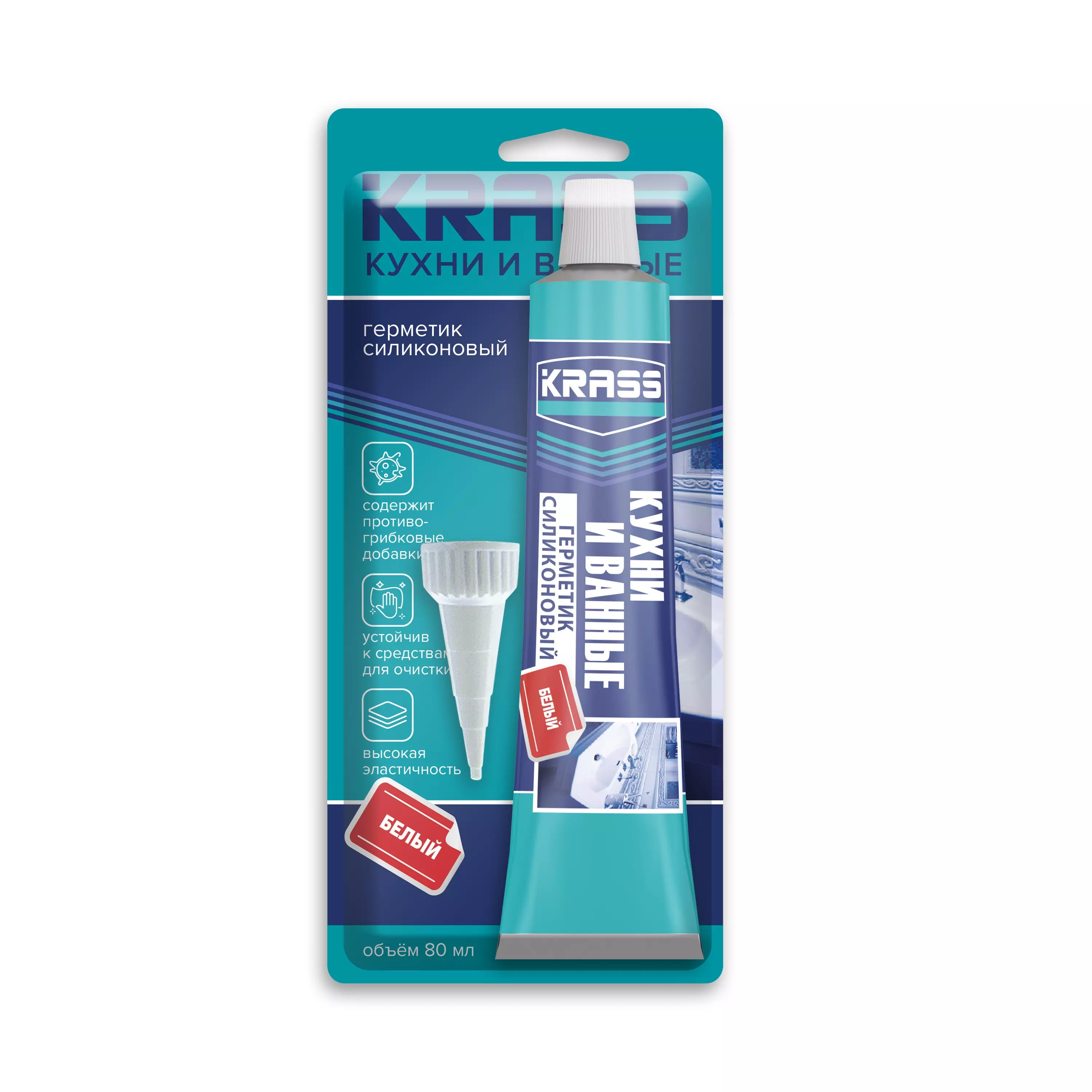 Герметик силиконовый KRASS для кухни и ванной белый 80 мл