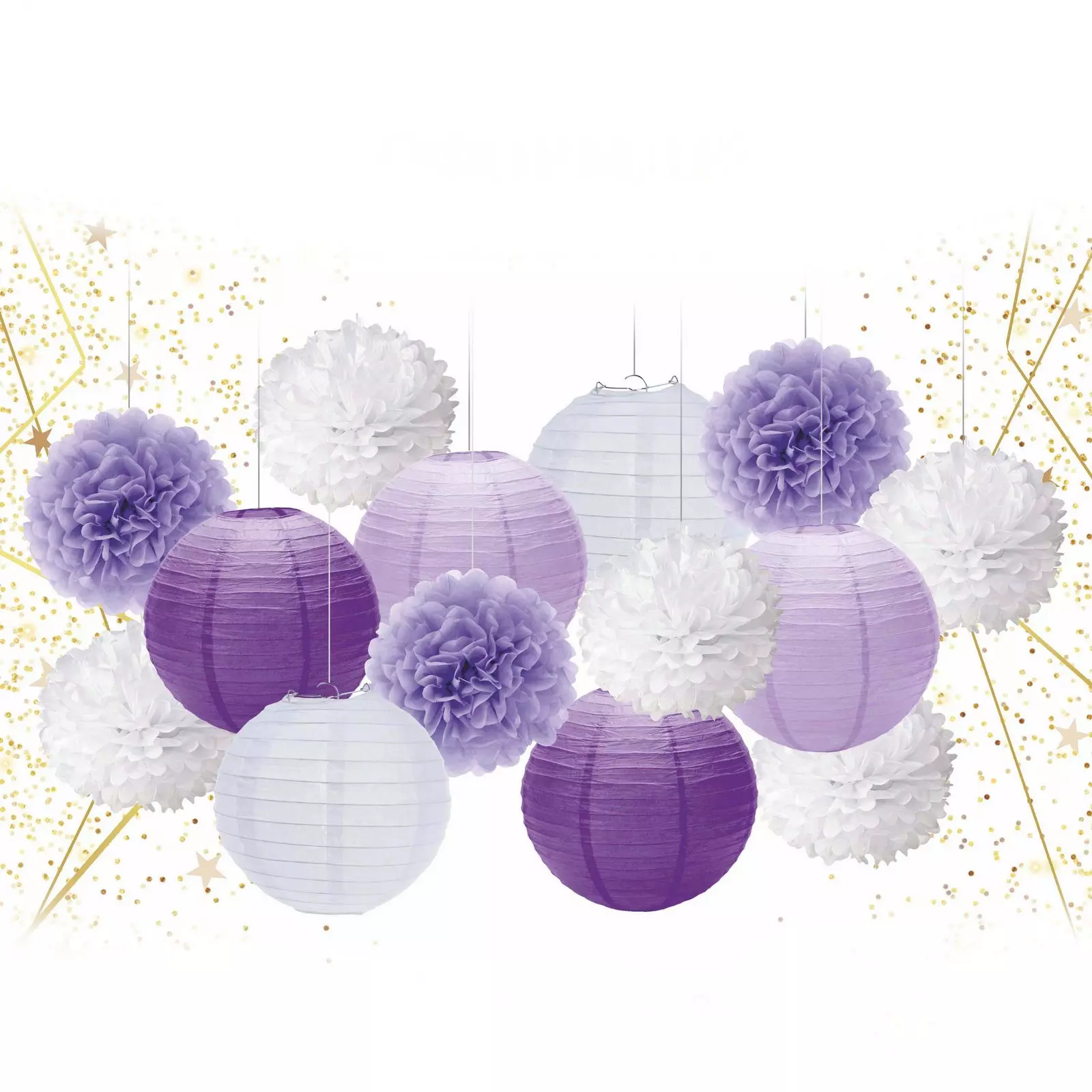 Набор помпонов и фонариков Веселый праздник 14 шт сиреневый/белый 219-168