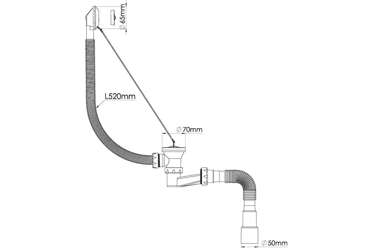 Сифон для ванны 1 1/2"х40, низкий,h=120мм,,выпуск 70 мм, мет.цепочка, гибкая труба 40/50 Nova 1524