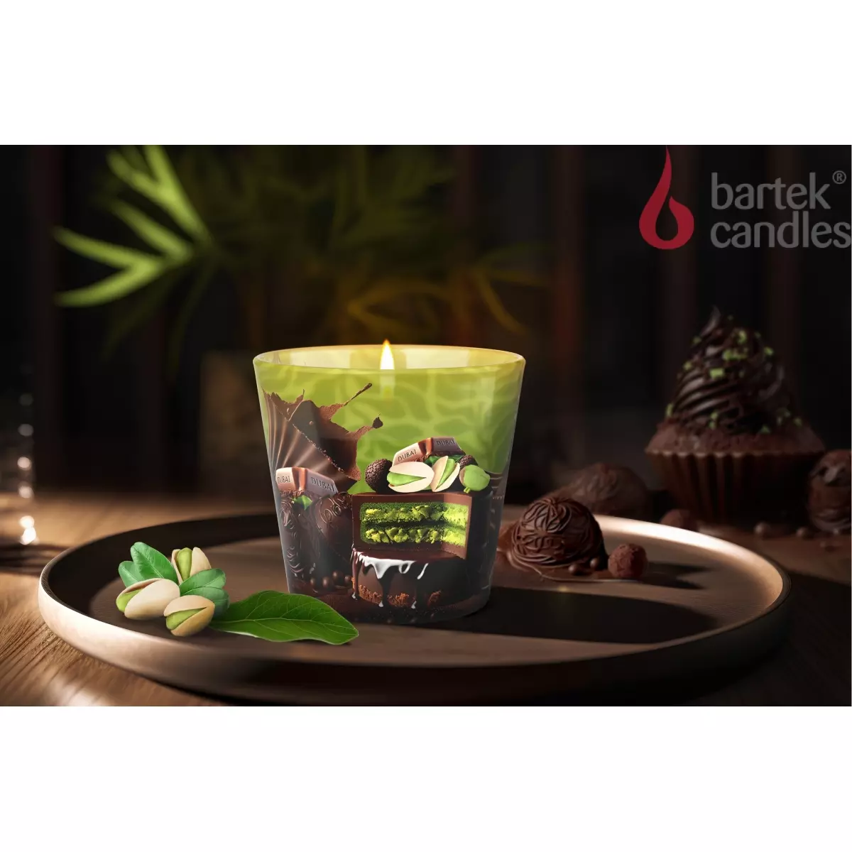 Cвеча ароматизированная в стакане 115 г Bartek Дубайский шоколад/Dubai Chocolate