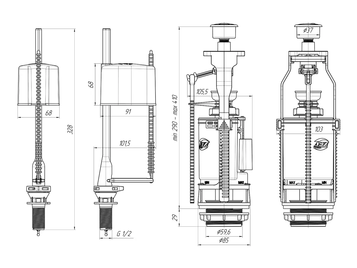 Арматура для унитаза сливная/наливная АНИ Пласт эконом WC3550С 1/2 нижний подвод, кнопка хром 2 режима