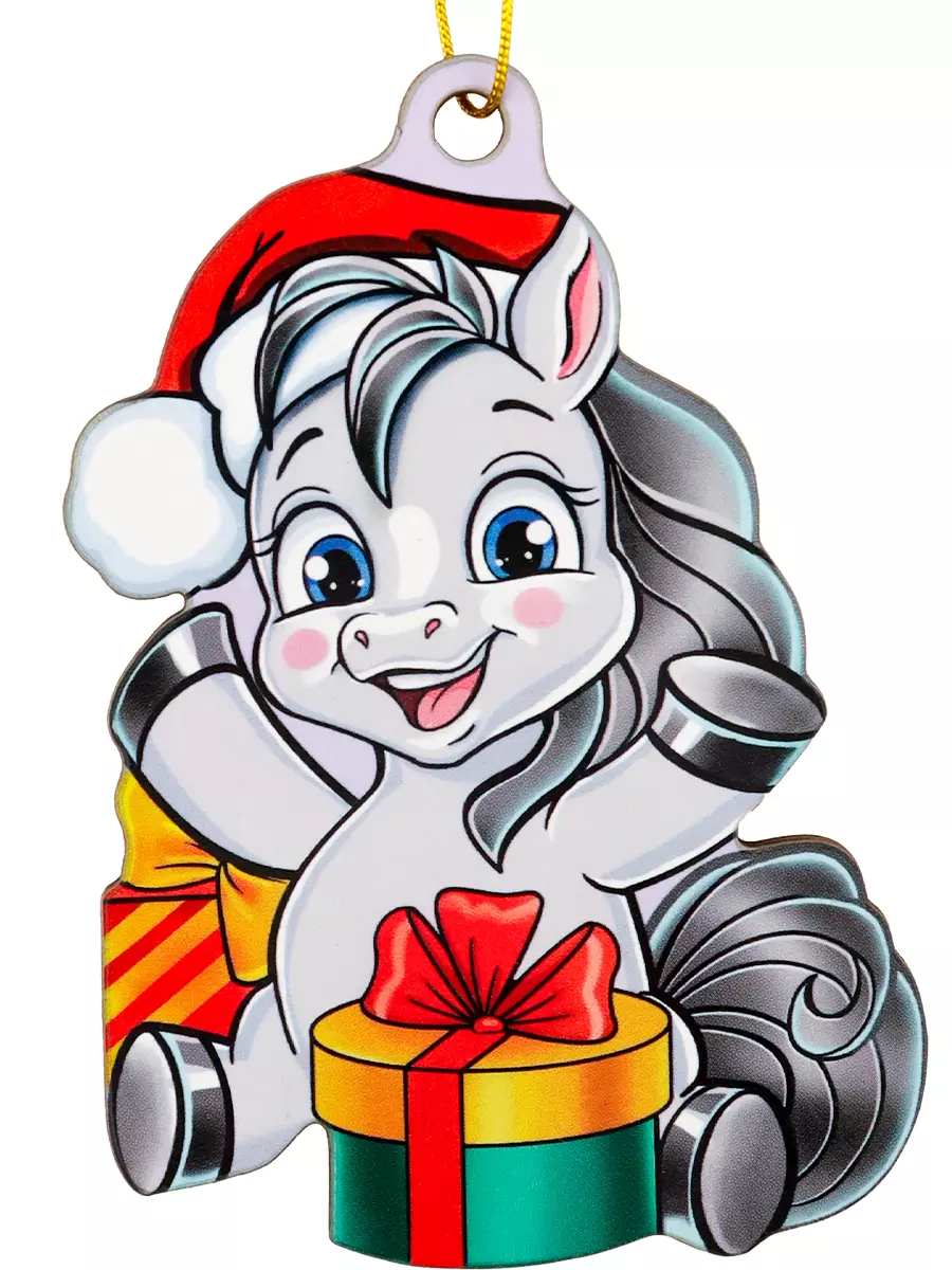 Елочное украшение из дерева Пони с подарками 9 см НУ-5839