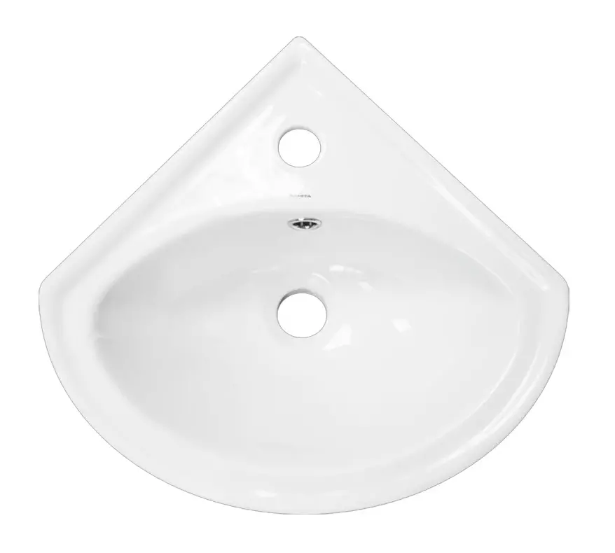 Маленькая раковина угловая подвесная 44х36х17 см Sanita Веер 30 VERSAWB01 отверстие под смеситель в углу