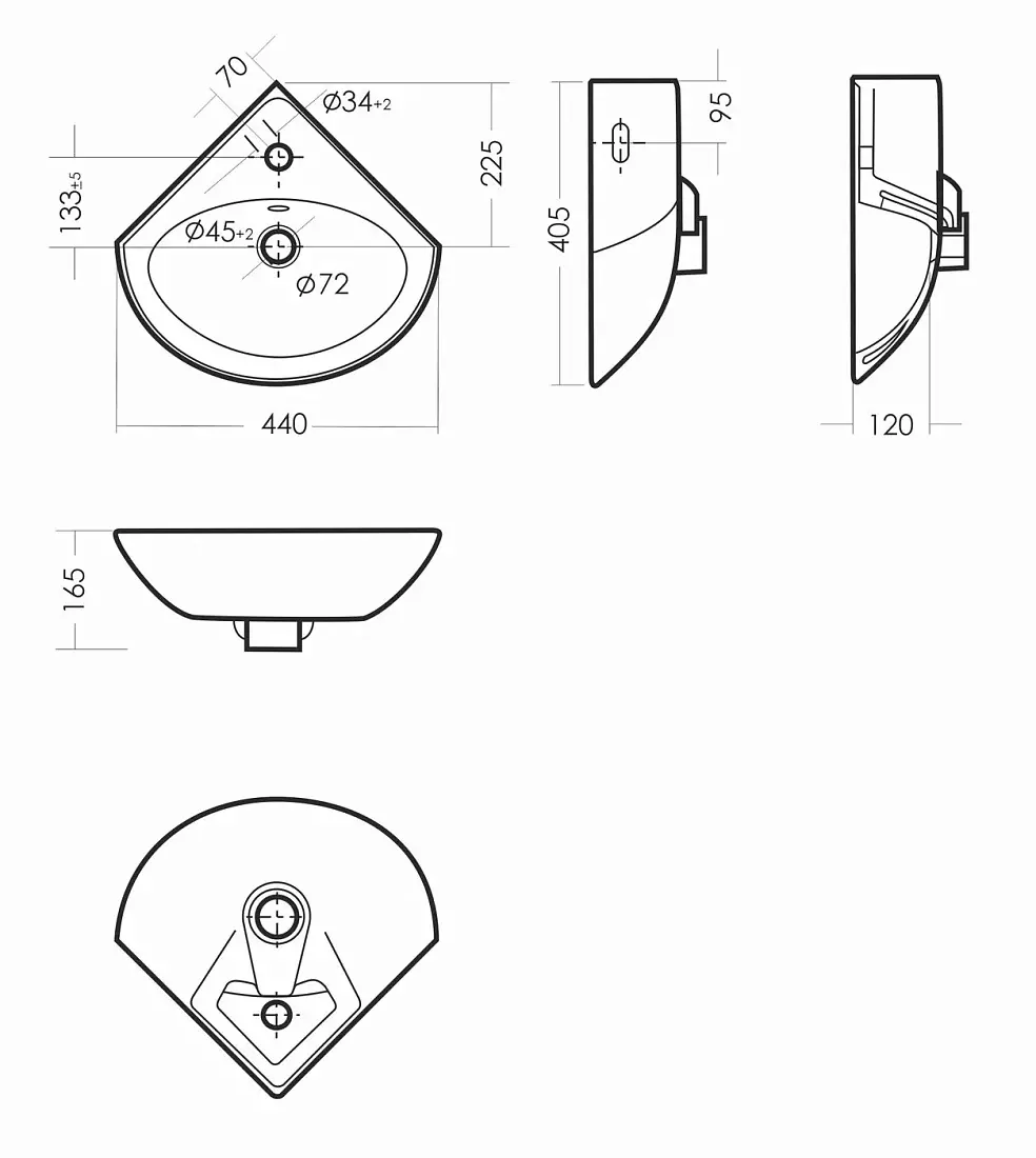 Маленькая раковина угловая подвесная 44х36х17 см Sanita Веер 30 VERSAWB01 отверстие под смеситель в углу