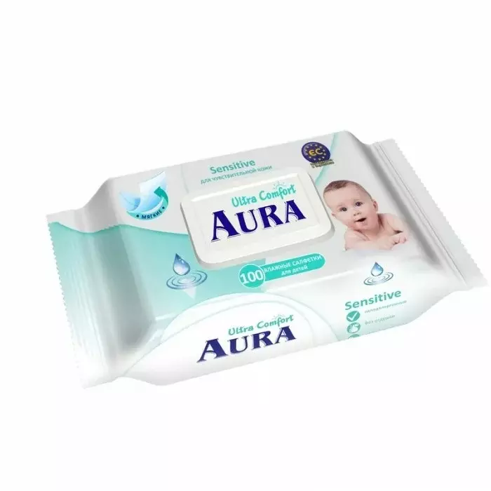 Влажные салфетки Aura Ultra Comfort д/детей алоэ витамин Е с крышкой 100шт