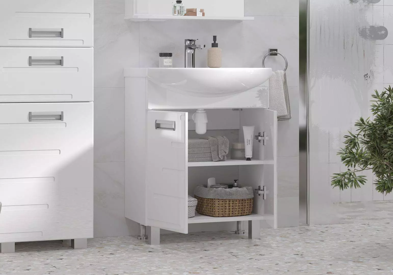 Тумба с раковиной напольная 60 см VOLNA Joli/Джоли Т6 белый с дверками + рак. Балтика 60, tnJOLI60.2D-01