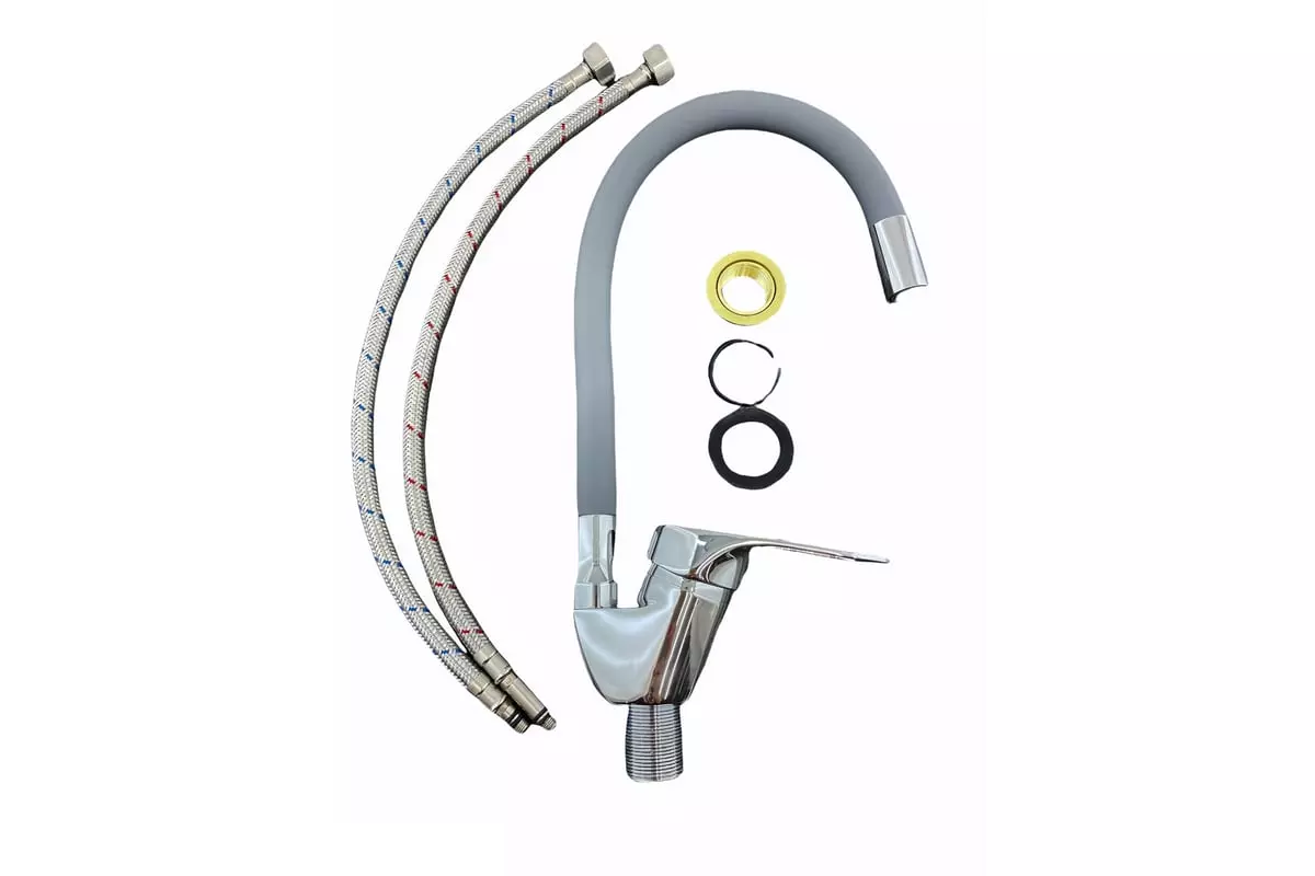 Смеситель для кухни, гибкий излив, серый/хром, R3193F-5 Rainsberg, силумин
