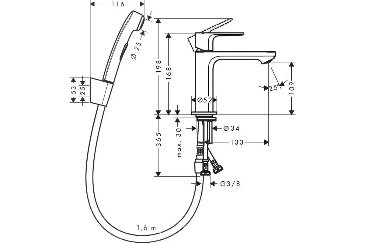 Смеситель для раковины Hansgrohe Rebris E однорыч. 110 с руч. душем бидетте, шланг 160 см 722160