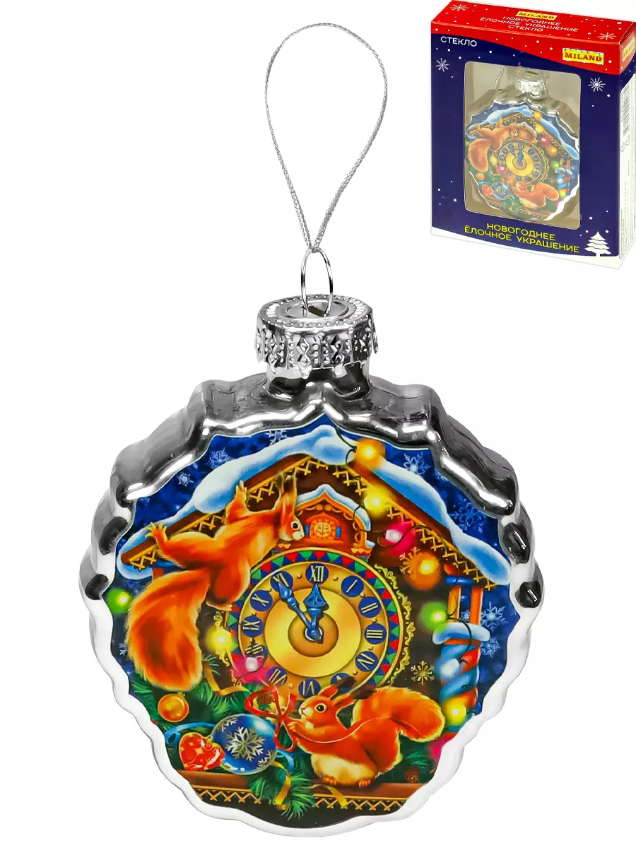Елочное украшение из стекла "Часы с белочками", 8 см ЕШ-4288