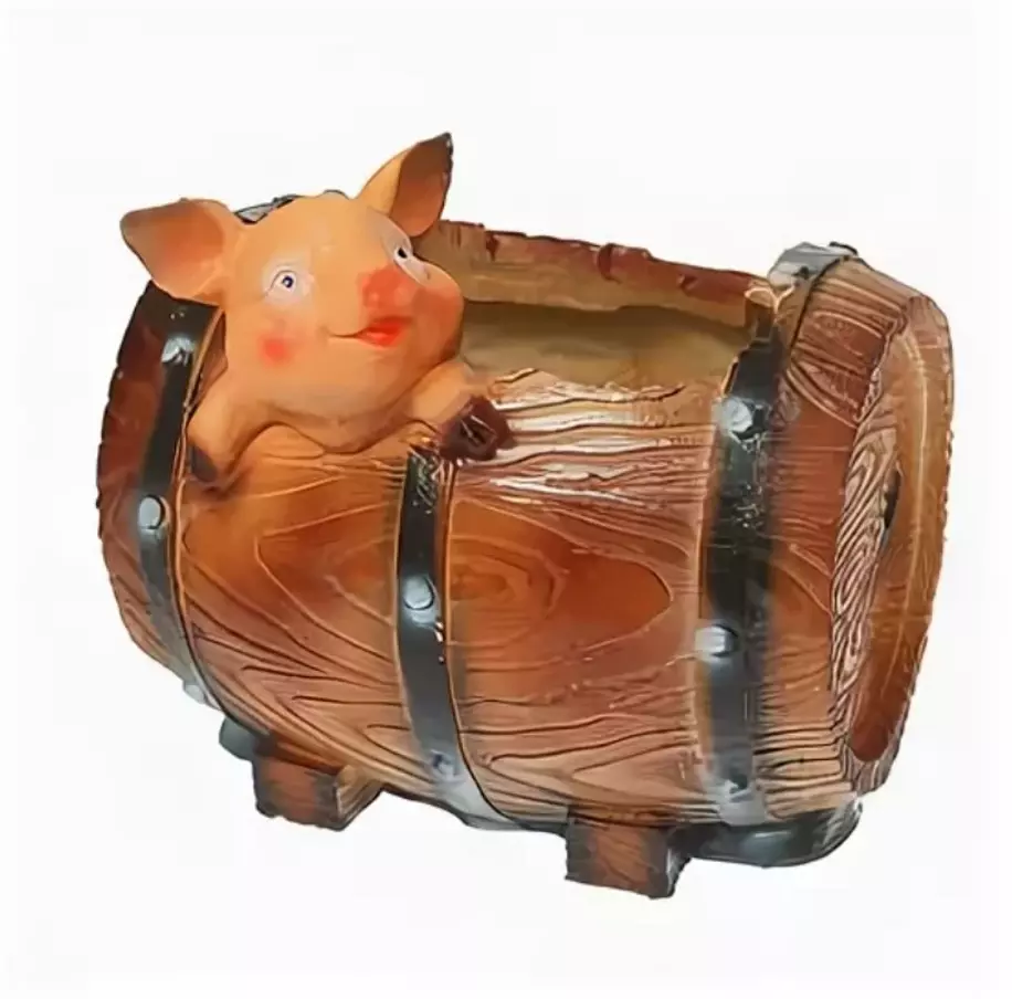 Кашпо садовое из гипса Поросенок в бочке 180х220 мм 163