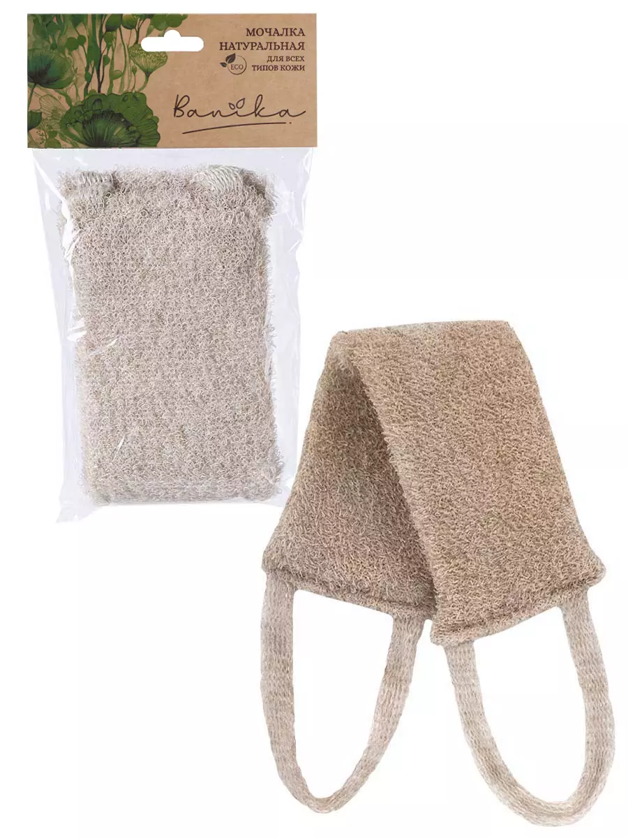 Натуральная мочалка с ручками, 35х9 см, лён, поролон, eva М40