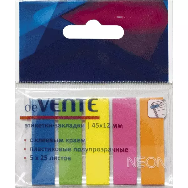 Самоклеющиеся этикетки-закладки deVENTE пластик 45x12 мм, 5 неон цветов х 25 листов, 2011307