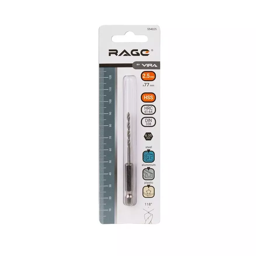 Сверло по металлу 2.5мм HSS RAGE by VIRA 554025 шестигр.хвостовик