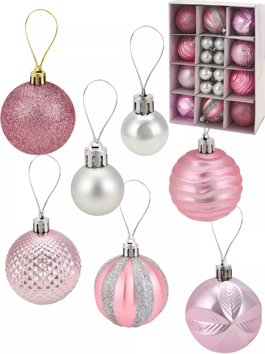 Новогоднее украшение Набор ёлочных шаров Очарование 16 шт 3 см, 10 шт 6 см, розовый НШ-1519