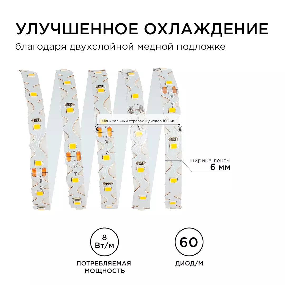 Светодиодная лента 24В 8Вт/м 700Лм/м 4000К 5м 6мм CRI&gt;80 SMD2835 60шт/м IP20 Apeyron 00-350