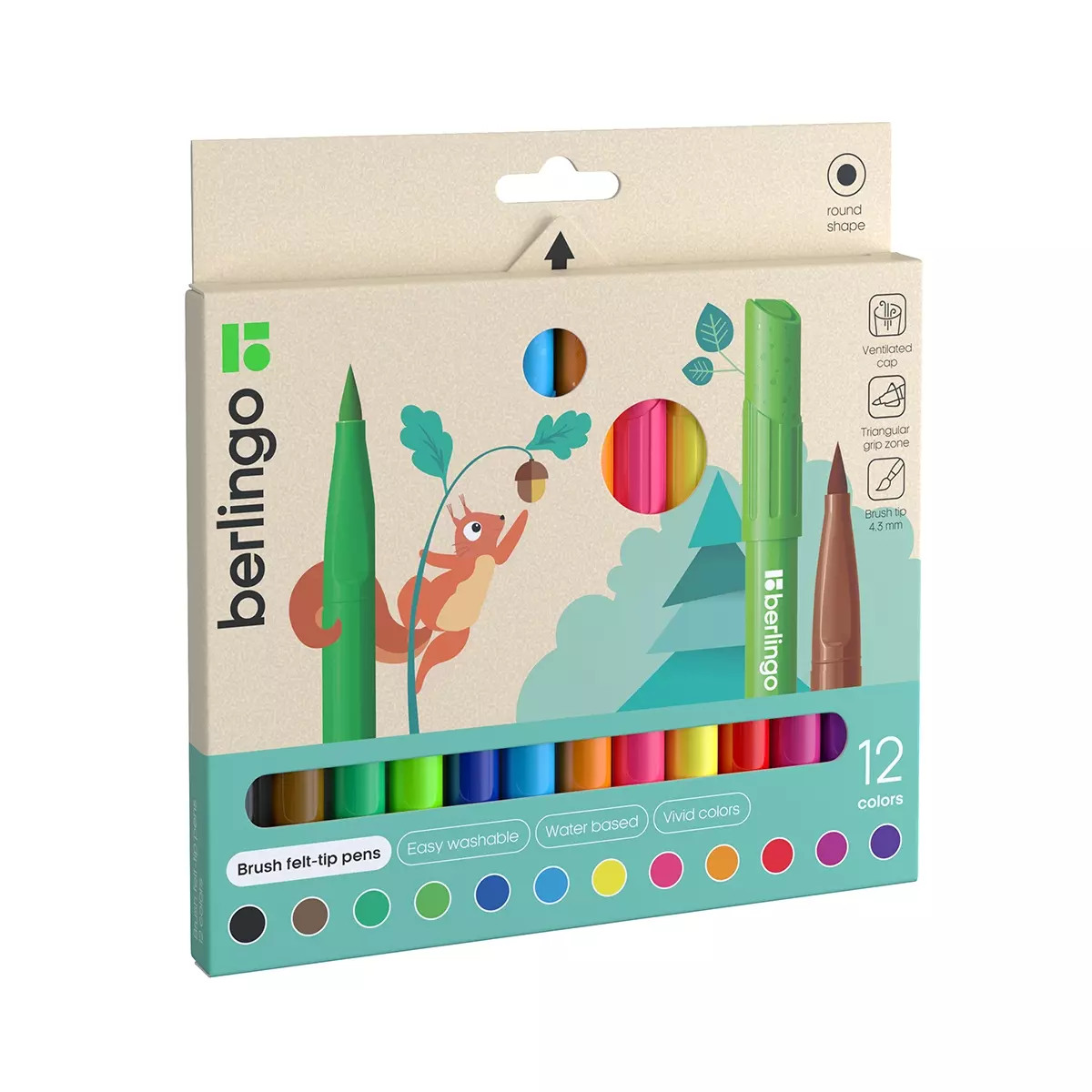Фломастеры 12 цветов, с кистевым пишущим узлом от 1 до 7мм, Berlingo, смываемые, картон