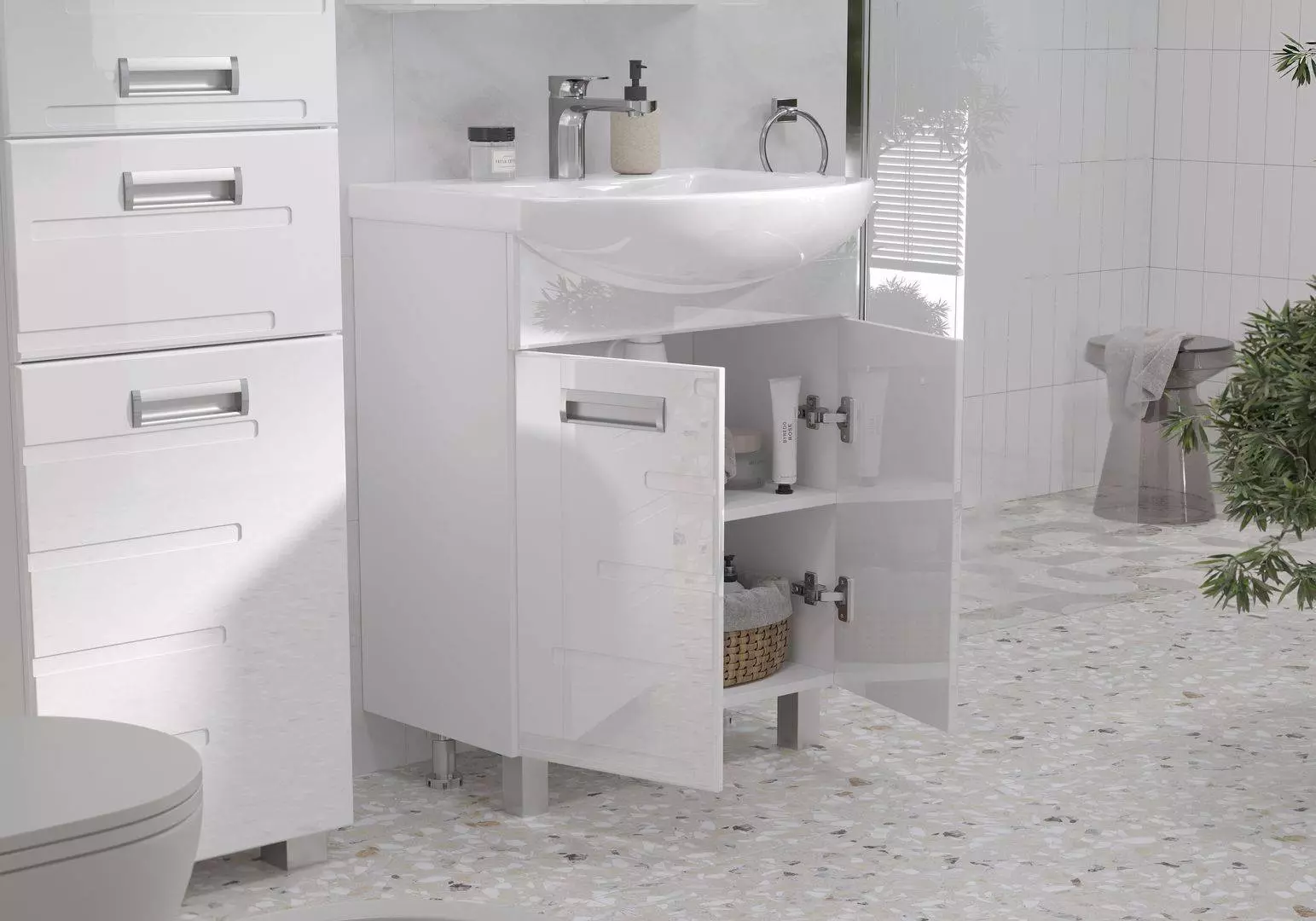 Тумба с раковиной напольная 60 см VOLNA Joli/Джоли Т6 белый с дверками + рак. Балтика 60, tnJOLI60.2D-01