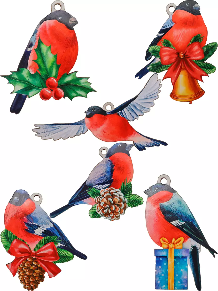 Набор елочных украшений из дерева (6 шт) Снегири НУ-2960