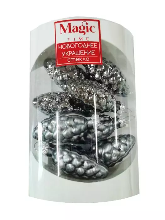 Елочные игрушки Серебряные шишки из стекла,набор 8 шт, 5*2,5*2,5 см, 89672