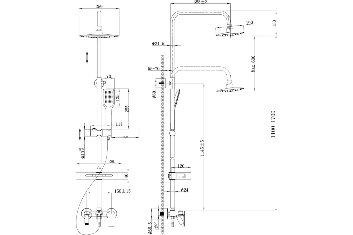 Душевая стойка 2 лейки хром Lemark Tropic LM7002С со смесителем и изливом, полочка