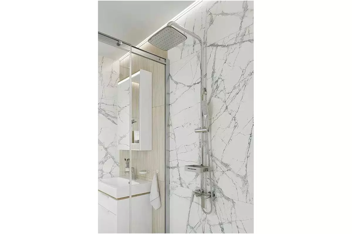 Душевая стойка 2 лейки хром Lemark Tropic LM7002С со смесителем и изливом, полочка