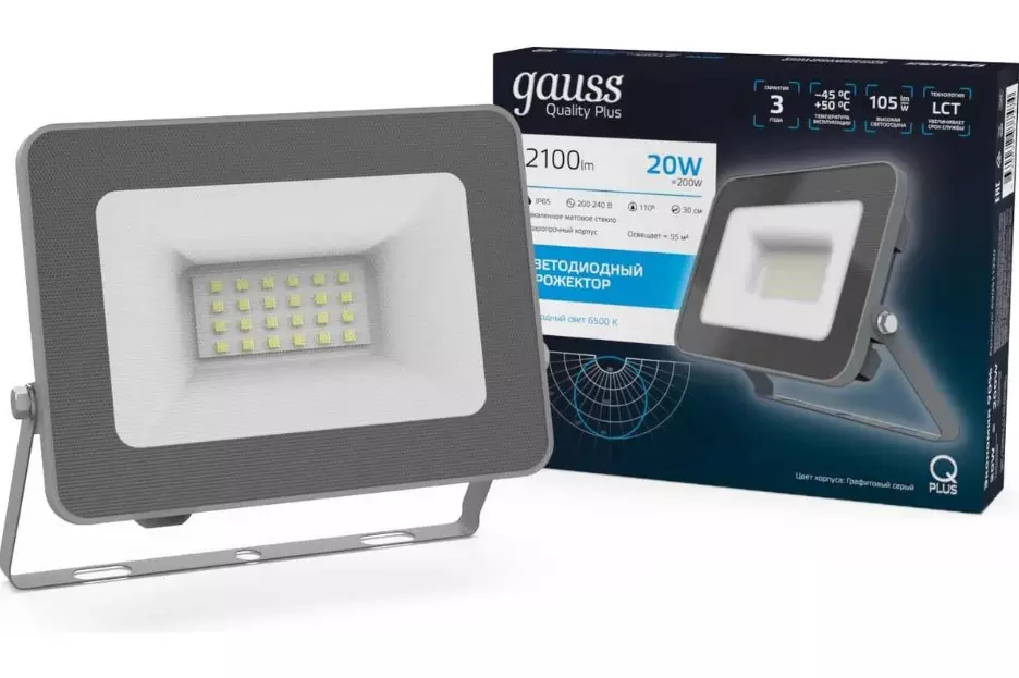 Прожектор светодиодный 220В 20Вт 6500К IP65 графитовый Gauss Qplus 690511320