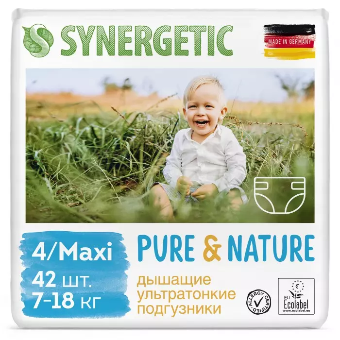 Подгузники дышащие ультратонкие детские SYNERGETIC Pure&Nature, 7-18 кг, размер 4 / MAXI, 42 шт
