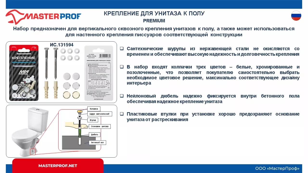 Крепление для унитаза к полу и писсуара Premium (нерж) (белое, хром, золото), МР ИС.131594